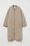 Calf-Length-Polyester-Beige-Quilted-Jacket
