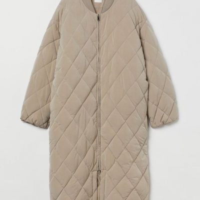 Calf Length Polyester Beige Quilted Jacket