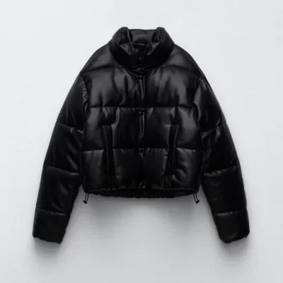 Faux Leather Black Puffer Jacket