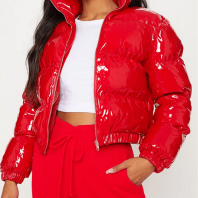Glossy Red Parachute Cropped Puffer Jacket