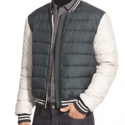 Gray and White Varsity Bomber Puffer Jacket