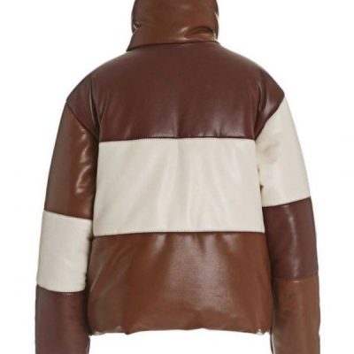 Puffer Style Checkered Print Brown Leather Jacket
