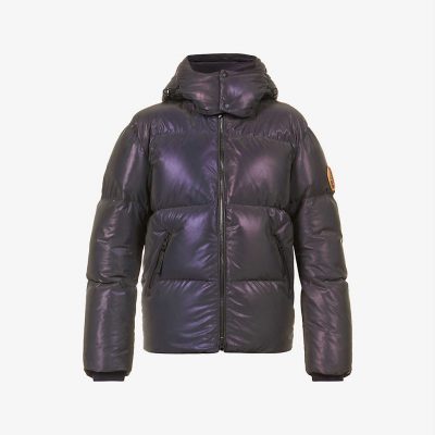 Quilted brand-patch shell-down hooded jacket