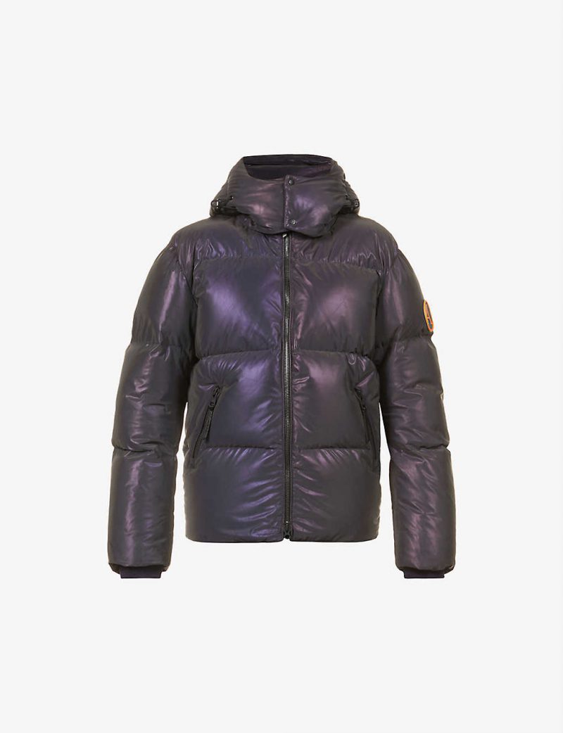 Quilted brand-patch shell-down hooded jacket