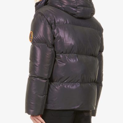 Quilted brand-patch shell-down hooded jacket