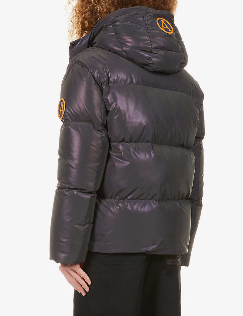 Quilted brand-patch shell-down hooded jacket