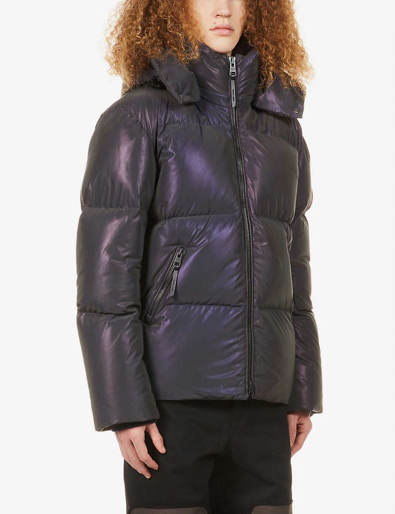 Quilted brand-patch shell-down hooded jacket