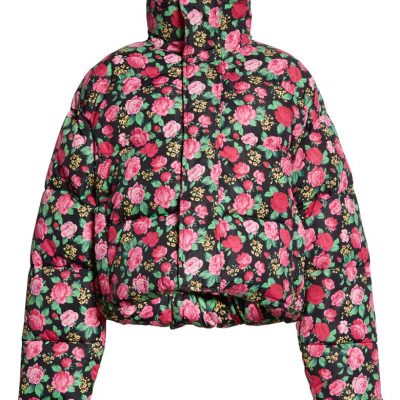 Rose Print Nylon Cocoon Puffer Jacket