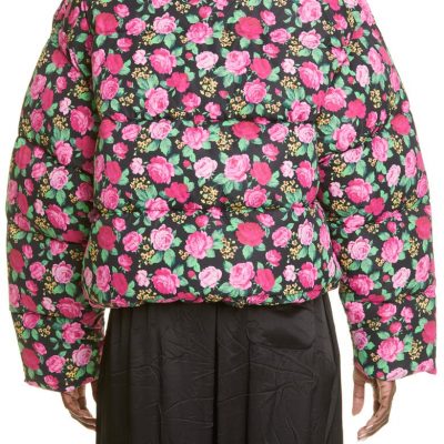 Rose Print Nylon Cocoon Puffer Jacket