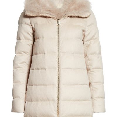 Down Puffer Coat with Removable Feather Trim