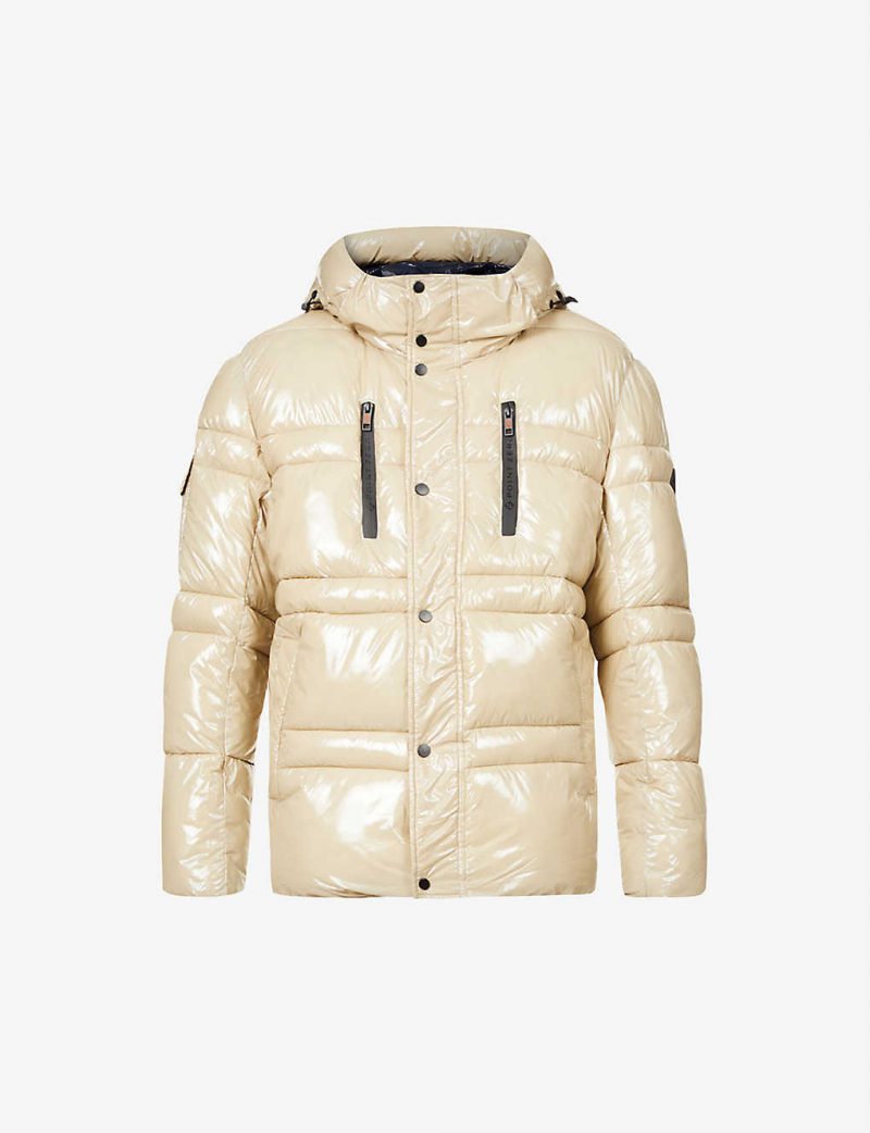 High-shine padded shell hooded jacket