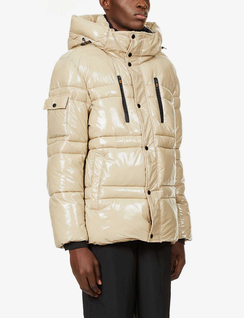 High-shine padded shell hooded jacket