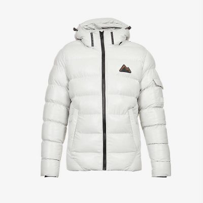 Brand-patch padded shell hooded puffer jacket