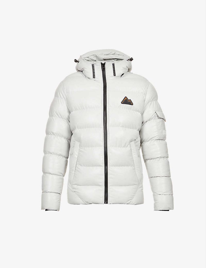 Brand-patch padded shell hooded puffer jacket