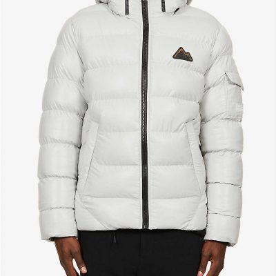 Brand-patch padded shell hooded puffer jacket