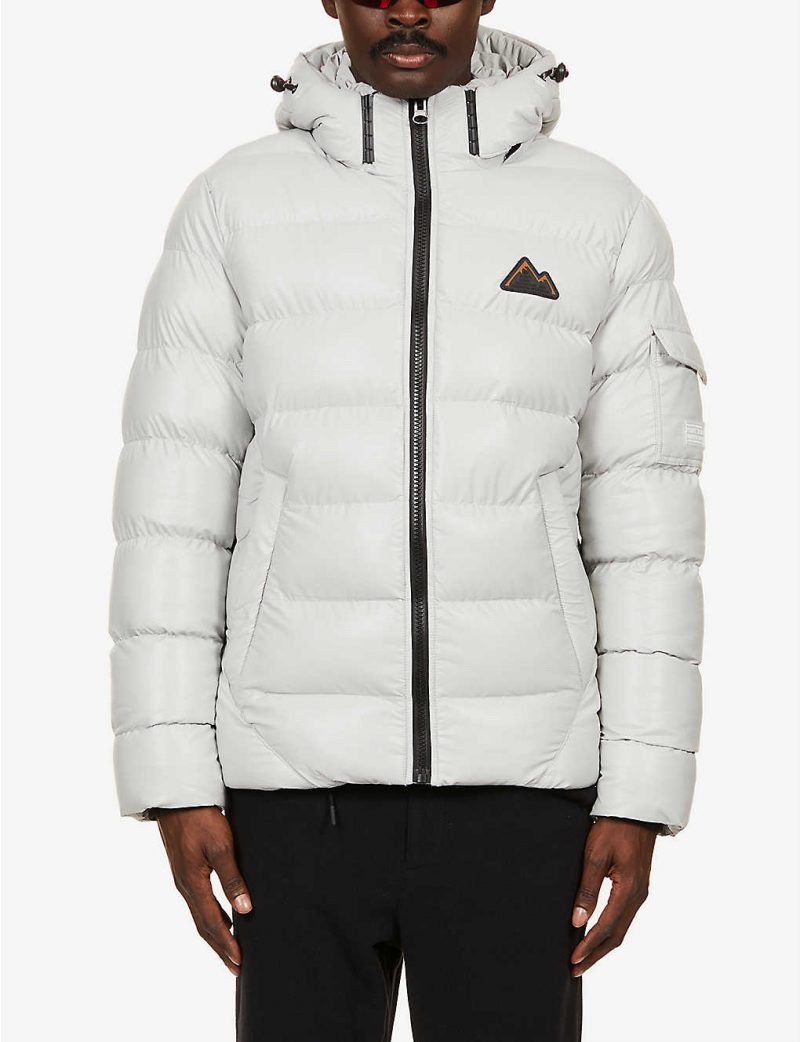 Brand-patch padded shell hooded puffer jacket