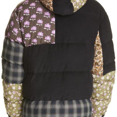 Patchwork Print Hooded Puffer Jacket