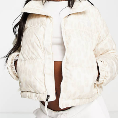 The North Face Nuptse cropped leopard printed jacket in white