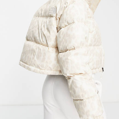 The North Face Nuptse cropped leopard printed jacket in white