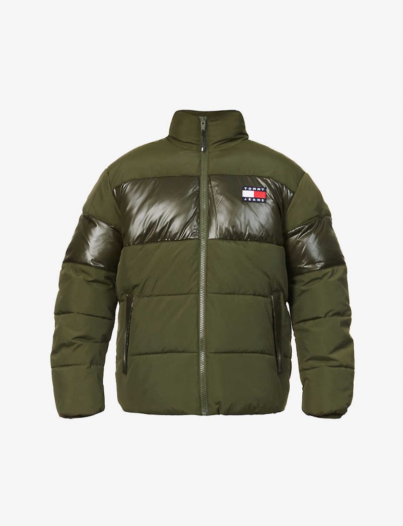 Contrasting-panel logo-patch shell jacket