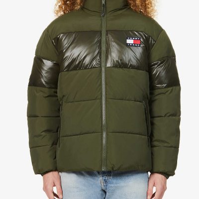 Contrasting-panel logo-patch shell jacket
