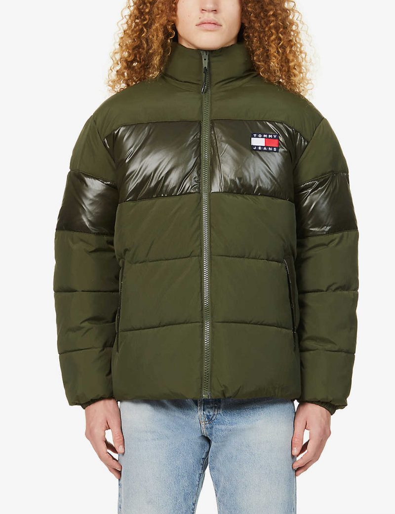 Contrasting-panel logo-patch shell jacket