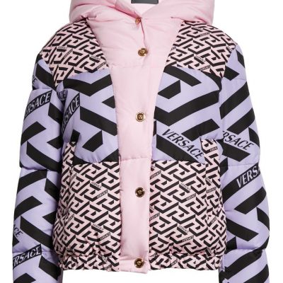 Versace Le Greca Logo Print Hooded Puffer Jacket