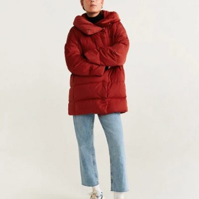 Women Red Puffer Nylon Jacket