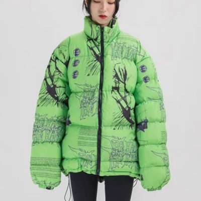 Anime Printed Green Puffer Jacket