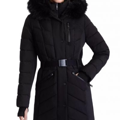 Women’s Belted Hooded Blue Puffer Coat