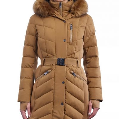 Women’s Belted Hooded Brown Coat