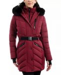 Women’s Belted Hooded Maroon Puffer Coat