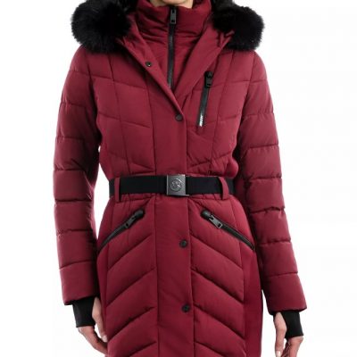 Women’s Belted Hooded Maroon Puffer Coat