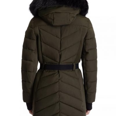 Women's Belted Hooded Puffer Olive Coat