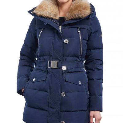 Women’s Faux-Fur-Collar Hooded Blue Puffer Coat