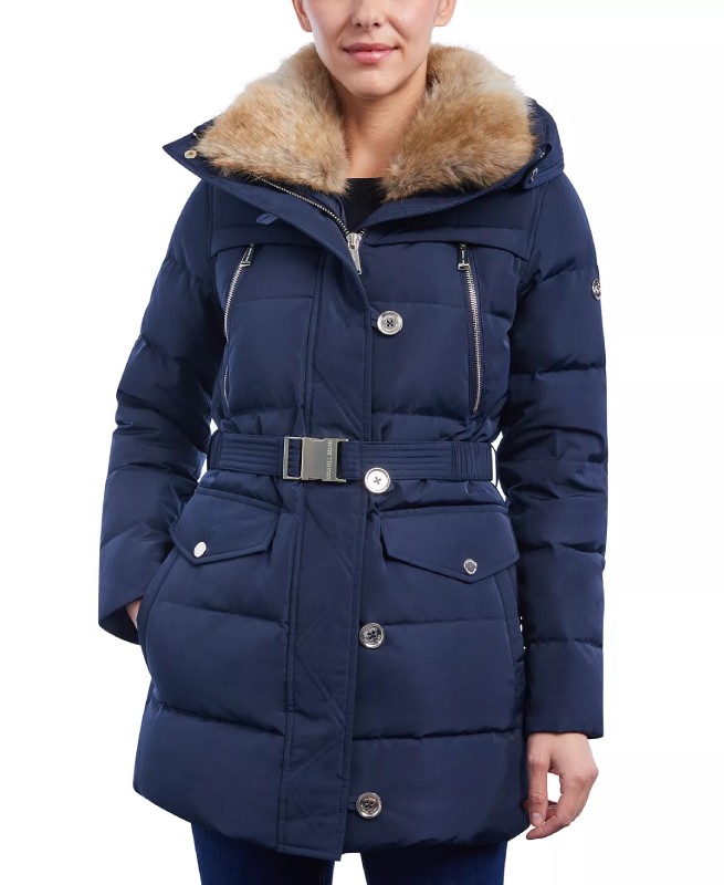Women’s Faux-Fur-Collar Hooded Blue Puffer Coat