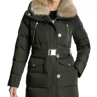 Women’s Faux-Fur-Collar Hooded Olive Puffer Coat