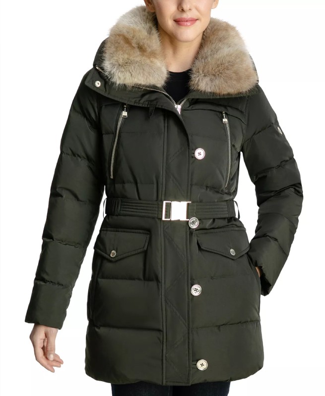 Women’s Faux-Fur-Collar Hooded Olive Puffer Coat - TPJ