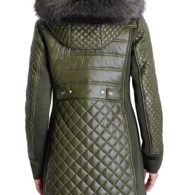 Women's Faux-Fur-Trim Hooded Olive Quilted Olive Coat