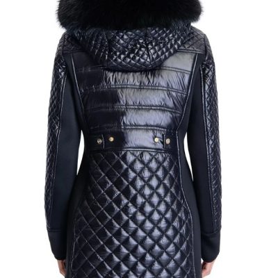 Women's Faux-Fur-Trim Hooded Quilted Black Coat