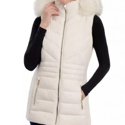 Women's Faux-Fur-Trim White Hooded Vest