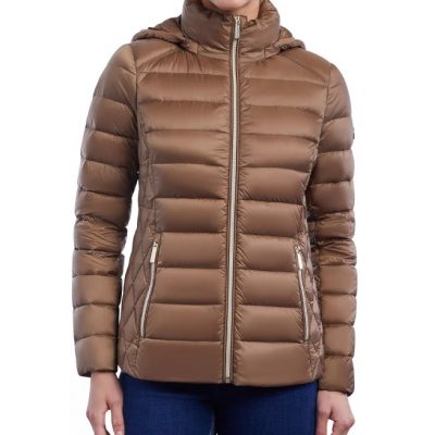 Women's Hooded Packable Brown Puffer Jacket