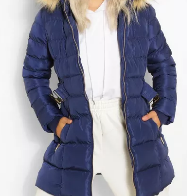 Faux Fur Trim Hooded Belted Puffer Blue Coat