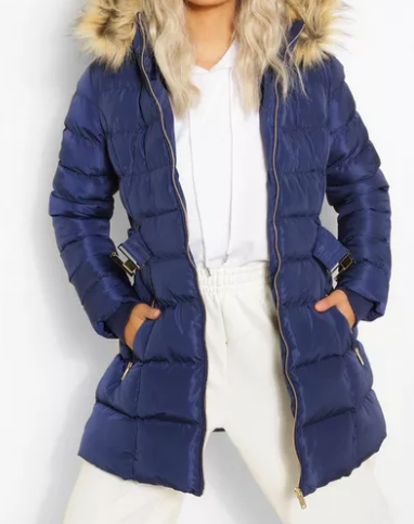 Faux Fur Trim Hooded Belted Puffer Blue Coat