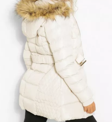 Faux Fur Trim Hooded Belted Puffer White Coat