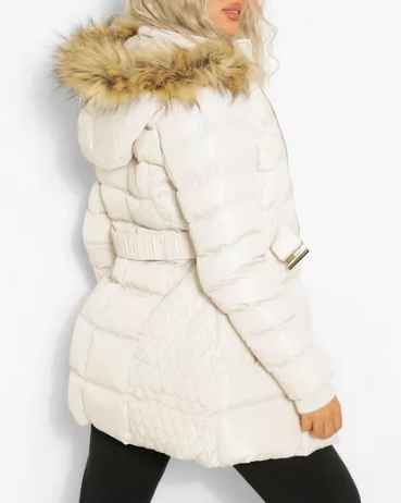 Faux Fur Trim Hooded Belted Puffer White Coat