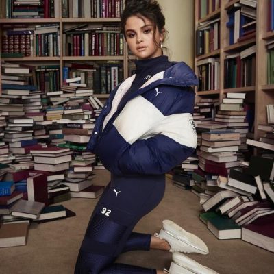 Selena Gomez Blue White Puffer Jacket