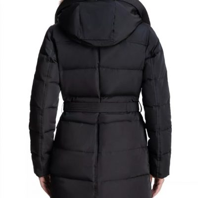 Women’s Faux-Fur-Collar Hooded Down Black Puffer Coat