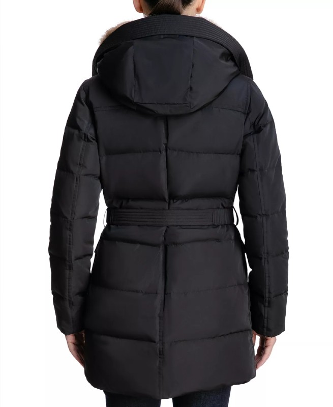 Women’s Faux-Fur-Collar Hooded Down Black Puffer Coat