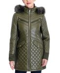 Women’s Faux-Fur-Trim Hooded Olive Quilted Coat